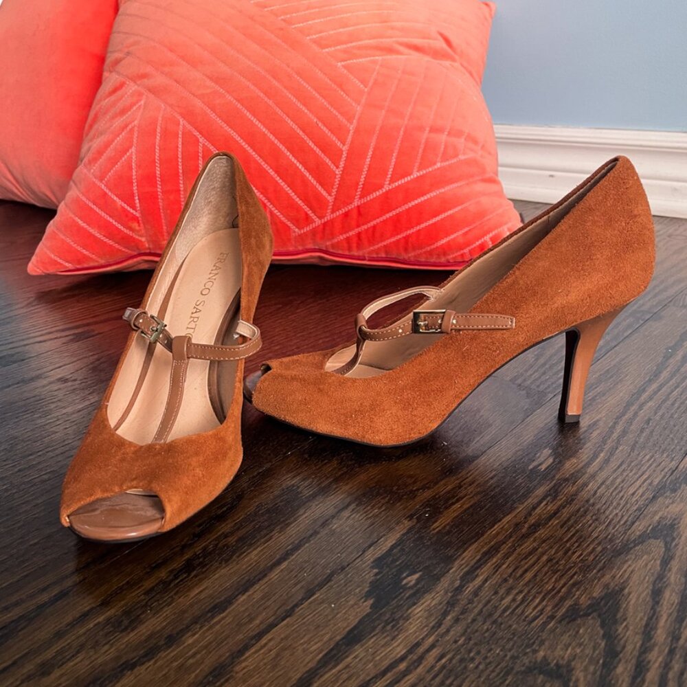 Franco Sarto  3" Heels, Mary Jane, Brown Suede,  Peep Toe, Size 7.5